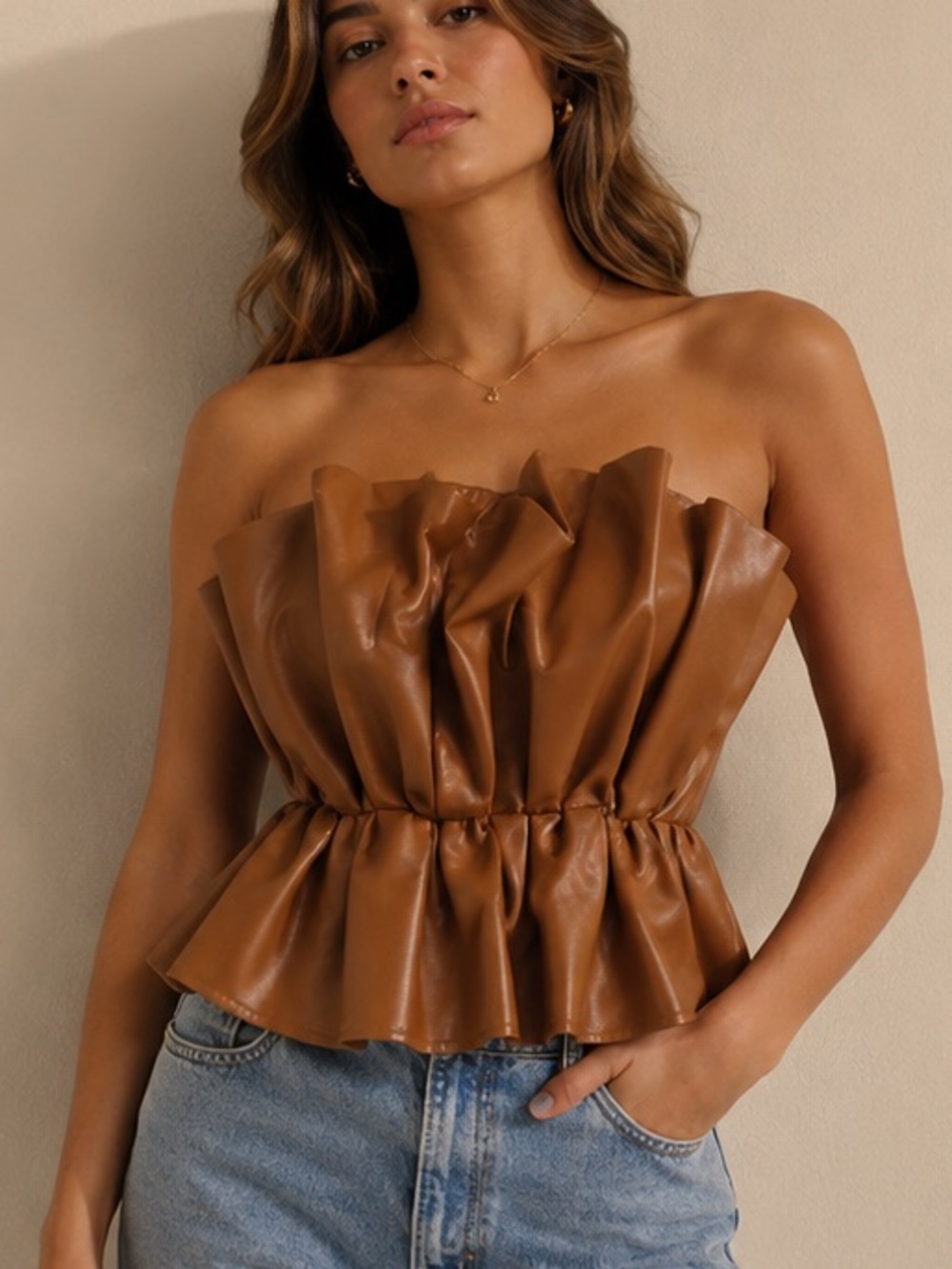DO+BE Brown Faux Leather Ruffle Top - Picture 1 of 8
